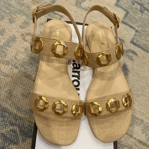 NWT Larroude Milan Flat Sandal in Beige Raffia - Size 9 - Picture 5 of 7